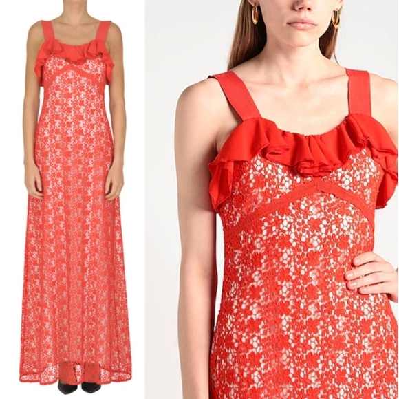 PINKO Nwt Macramè Lace Long Maxi Dress, Red Orange with White, Size 8 - Picture 2 of 16